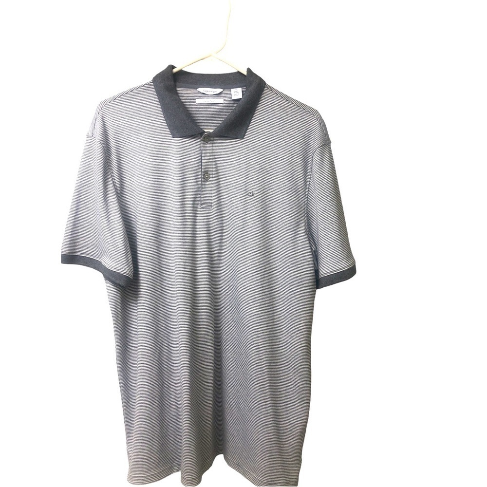 Calvin Klein Liquid Touch Polo Gray/White Horizontal Stripe Office Casual Golf L
